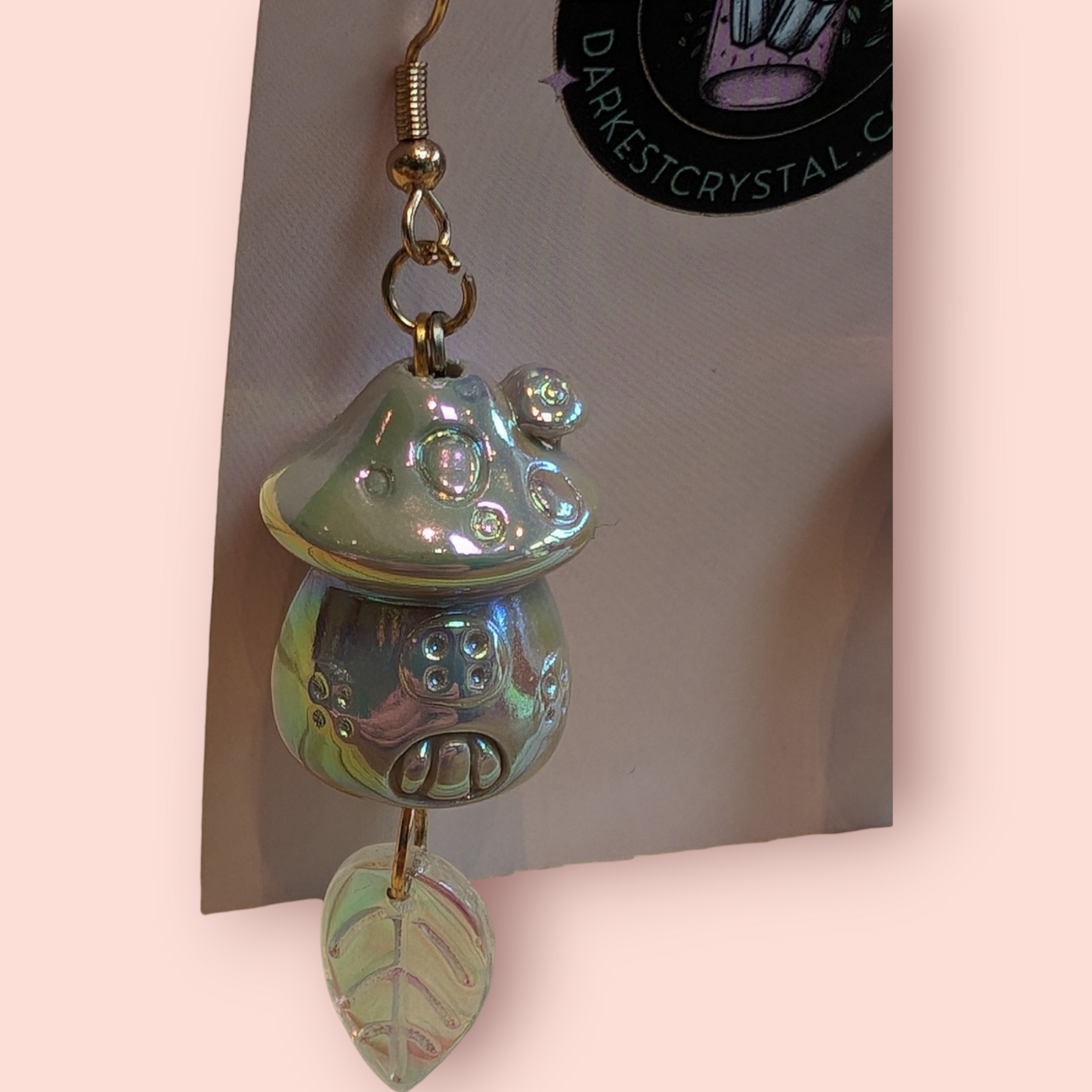 Whimsical Pearlescent Ceramic Mushroom Fairy House Dangle Earrings with Glass Bead Accents