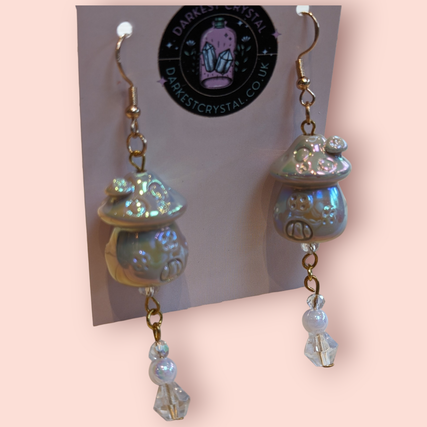 Whimsical Pearlescent Ceramic Mushroom Fairy House Dangle Earrings with Glass Bead Accents