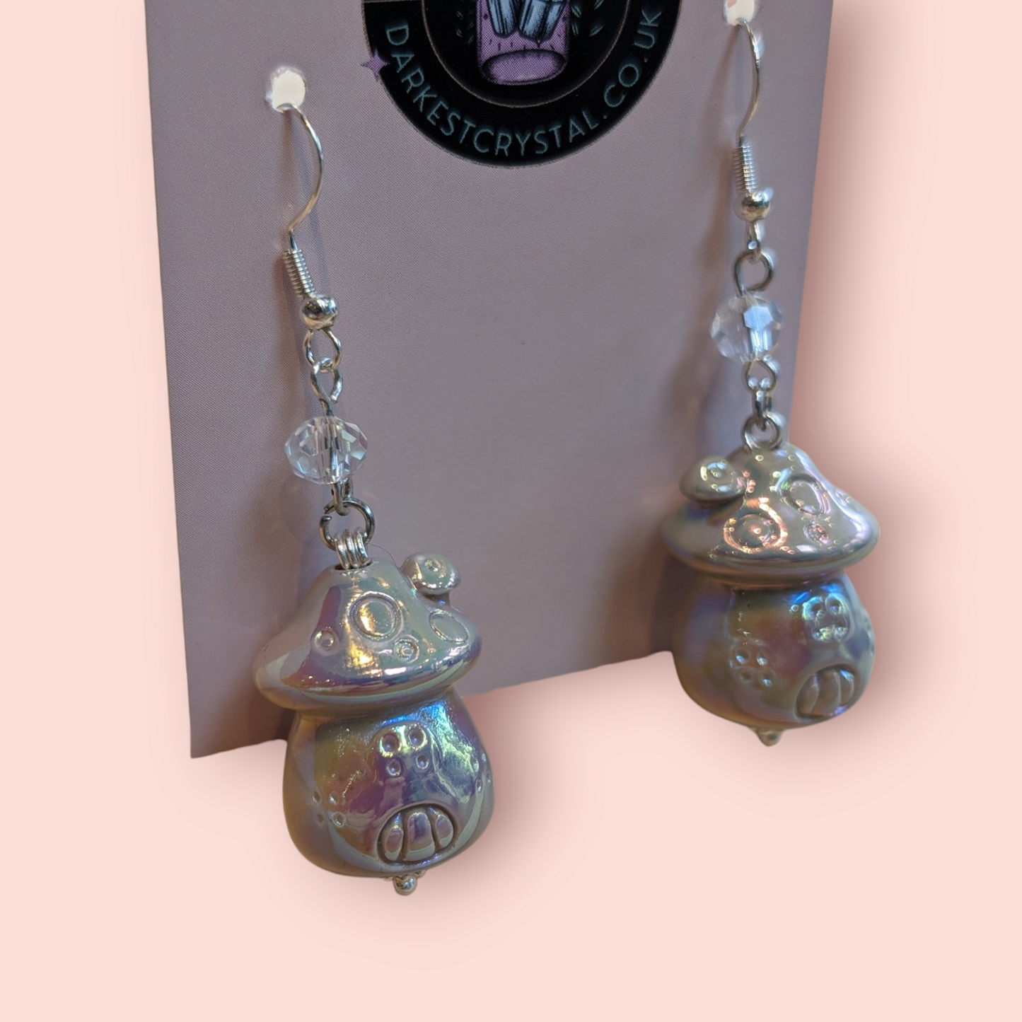 Whimsical Pearlescent Ceramic Mushroom Fairy House Dangle Earrings with Glass Bead Accents