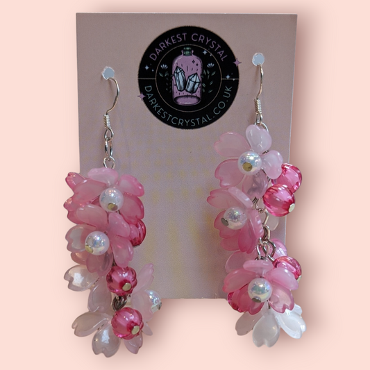 Blossom Drops: Handcrafted Acrylic and Glass Floral botanical Earrings, unique piece of art