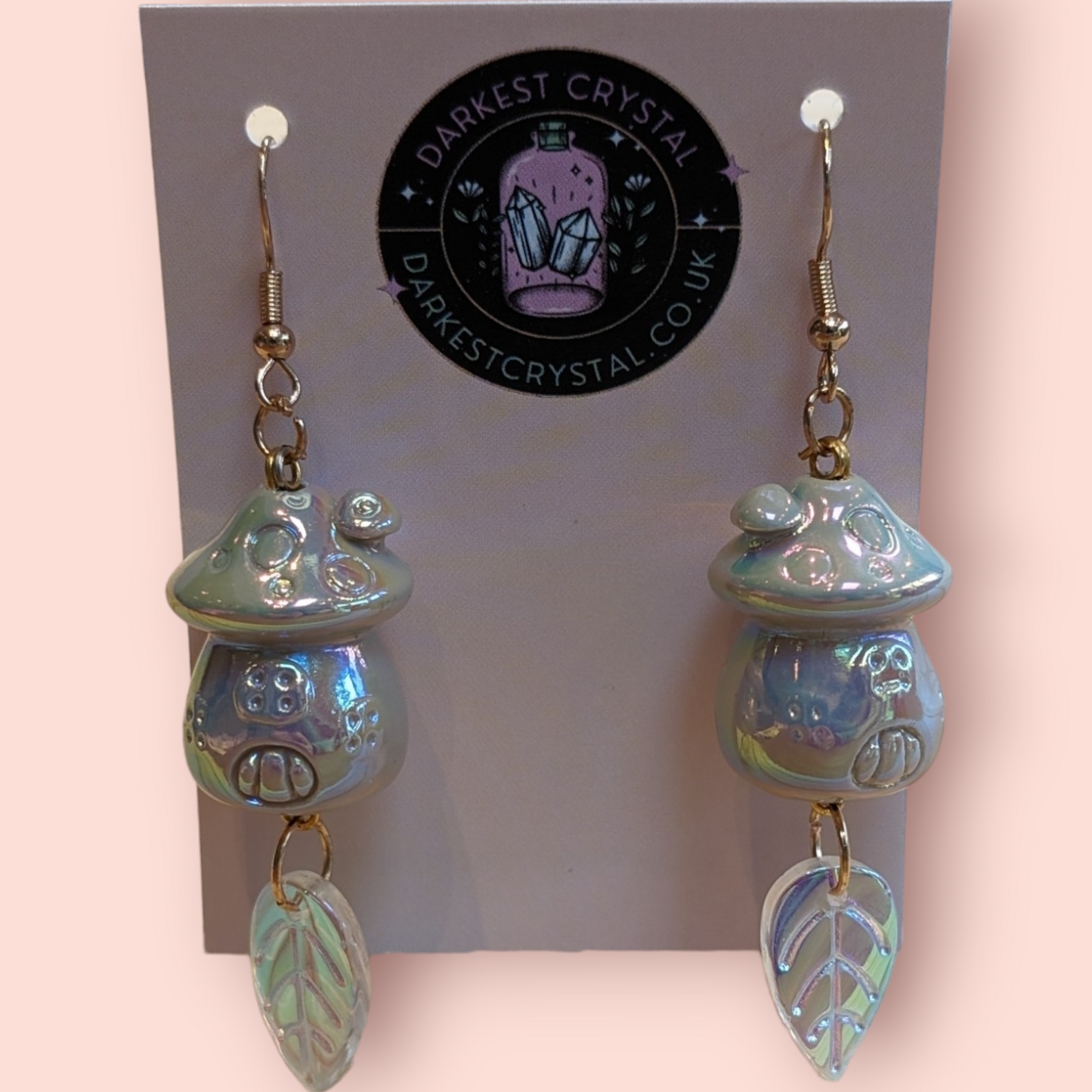 Whimsical Pearlescent Ceramic Mushroom Fairy House Dangle Earrings with Glass Bead Accents