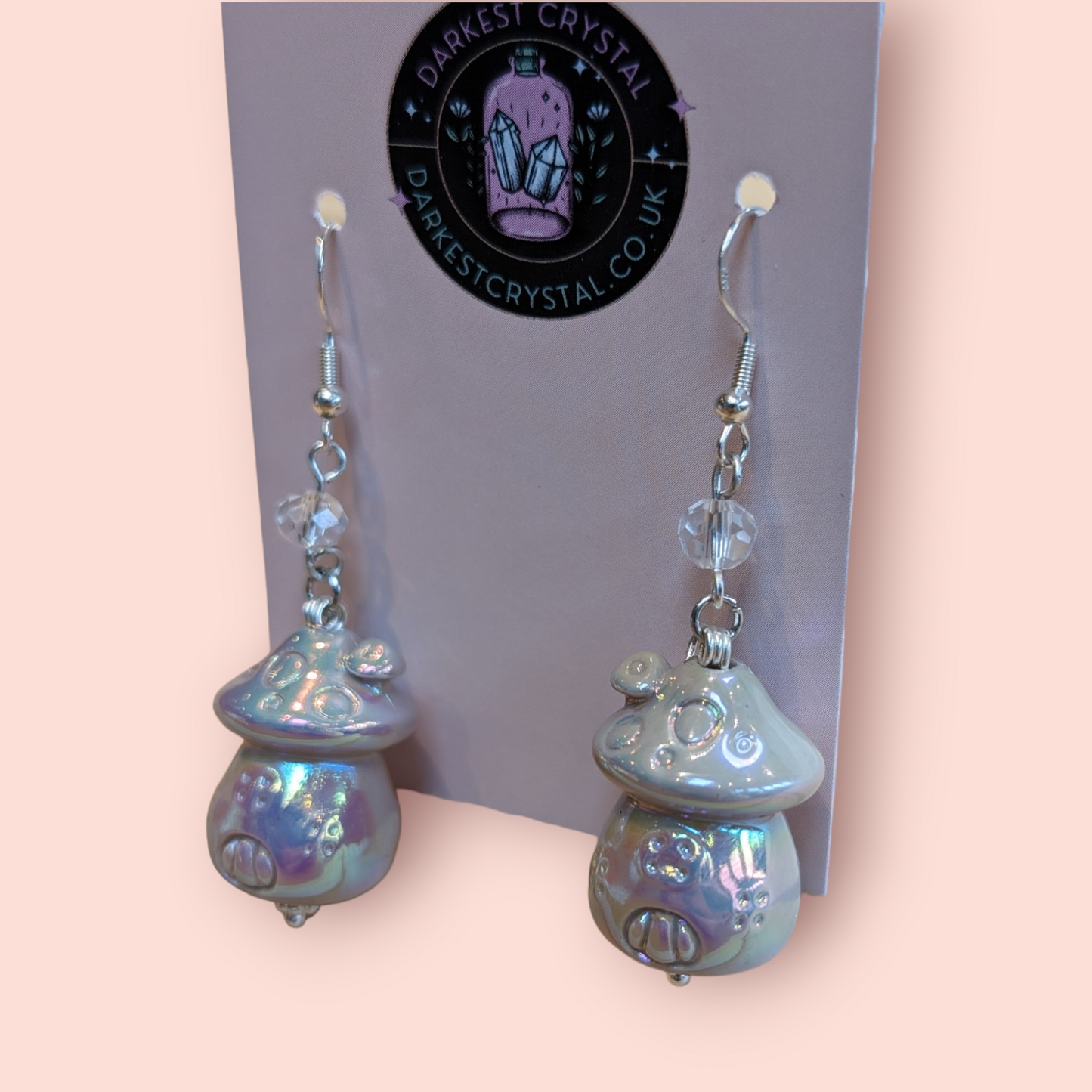 Whimsical Pearlescent Ceramic Mushroom Fairy House Dangle Earrings with Glass Bead Accents