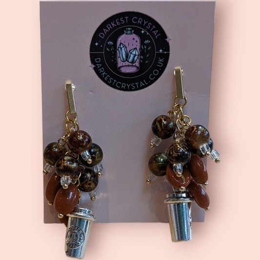 Handmade Glass Coffee Bean Earrings with Mini Coffee Cup Charm