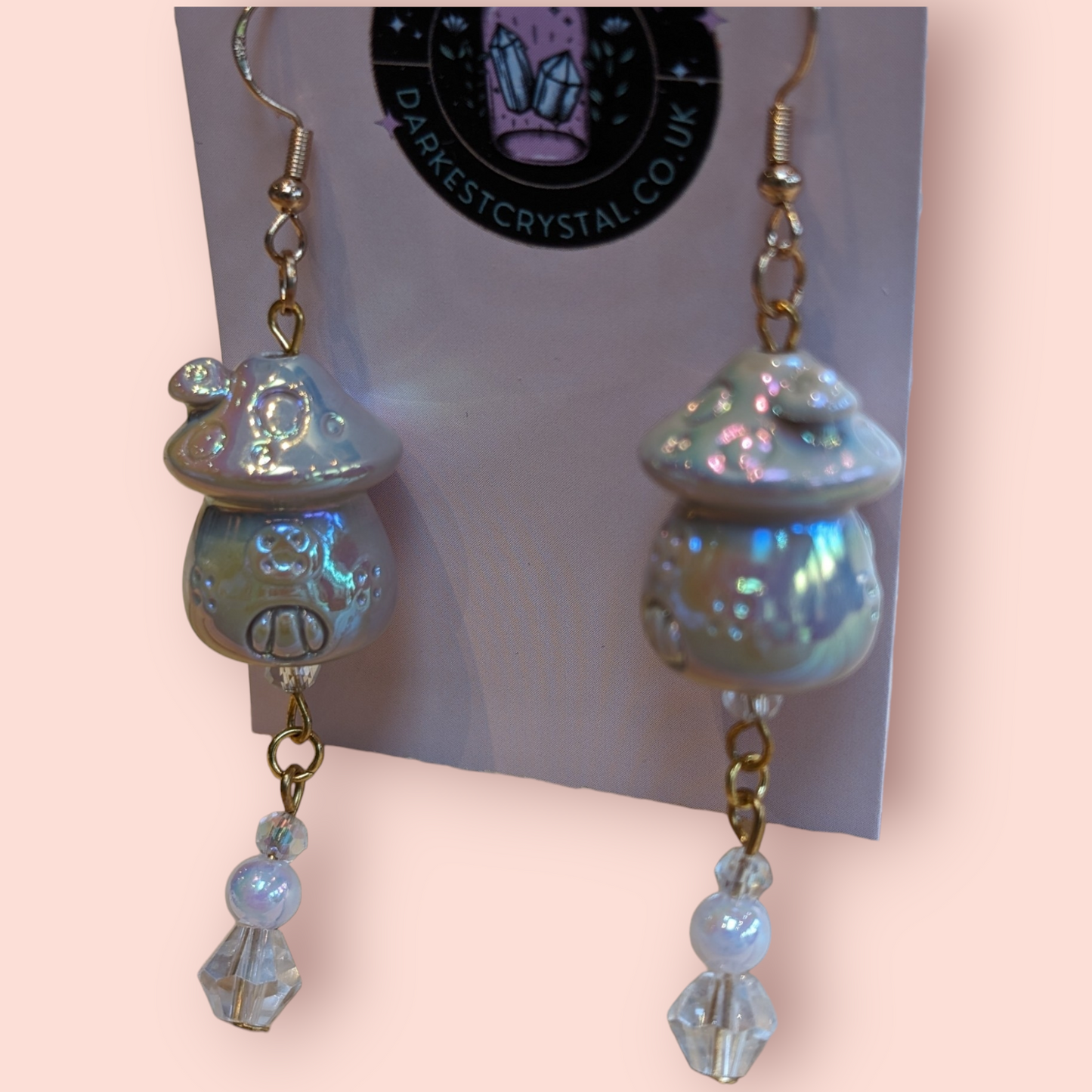 Whimsical Pearlescent Ceramic Mushroom Fairy House Dangle Earrings with Glass Bead Accents