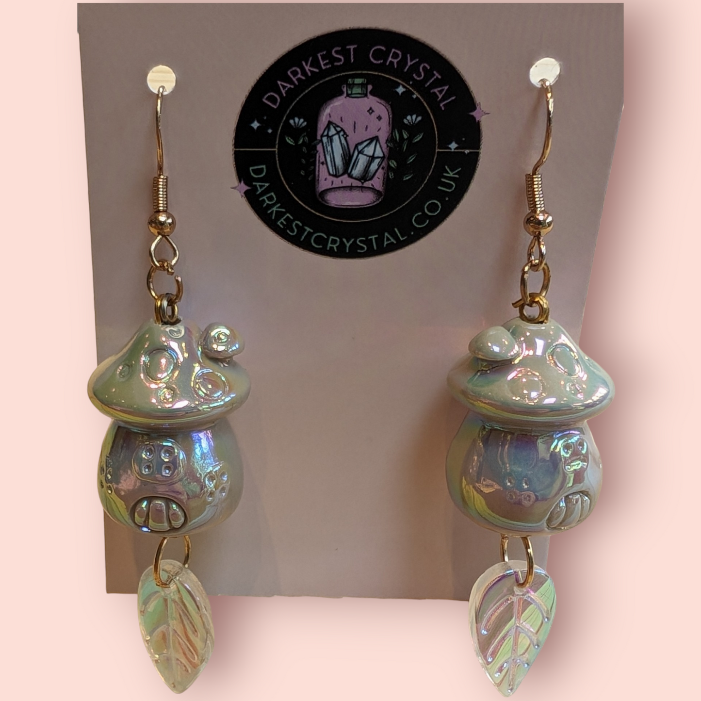 Whimsical Pearlescent Ceramic Mushroom Fairy House Dangle Earrings with Glass Bead Accents