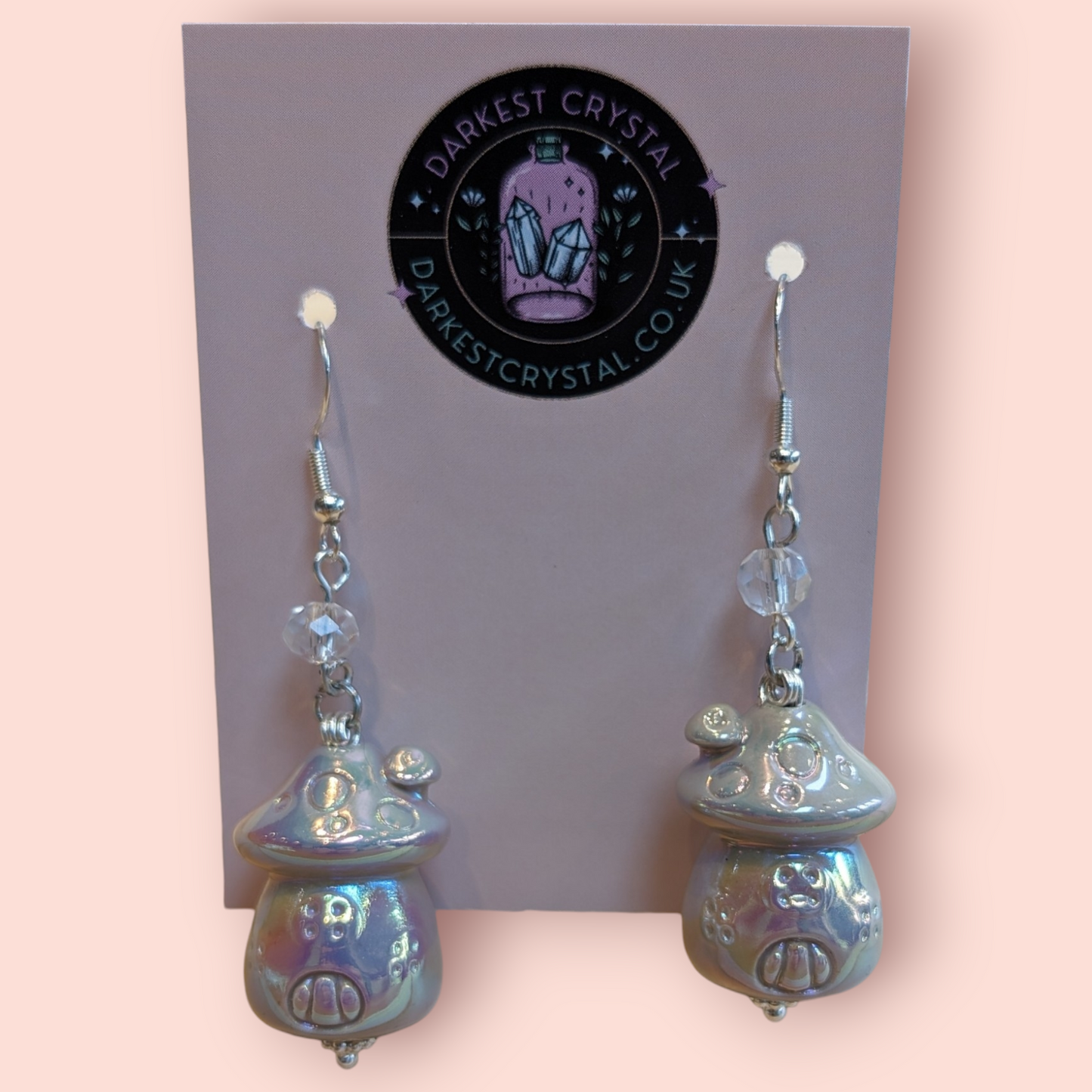 Whimsical Pearlescent Ceramic Mushroom Fairy House Dangle Earrings with Glass Bead Accents