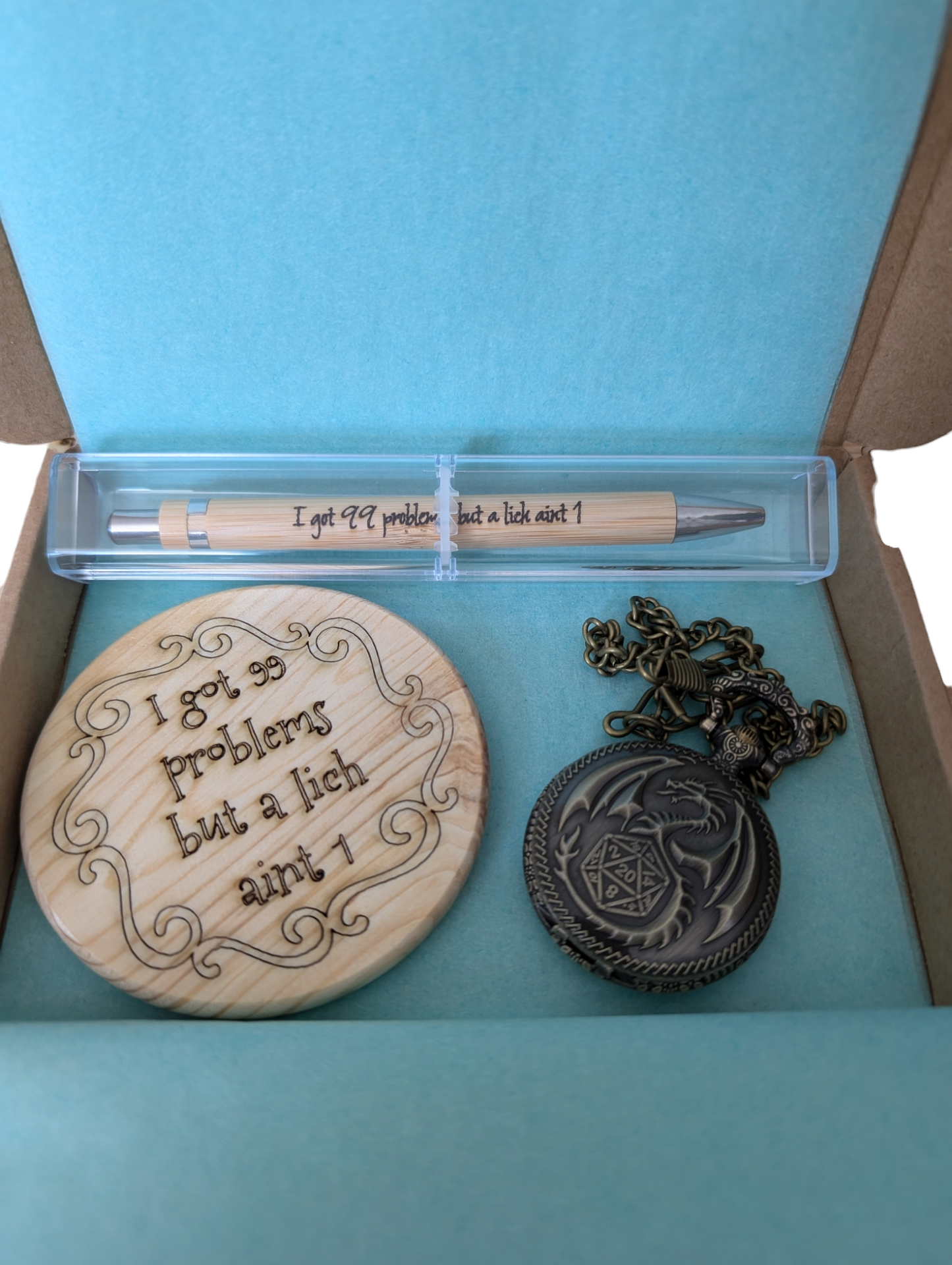 Ultimate DND Gift Set: Premium Pen, Enchanted Coaster & Dragon Pocket Watch Dice Set