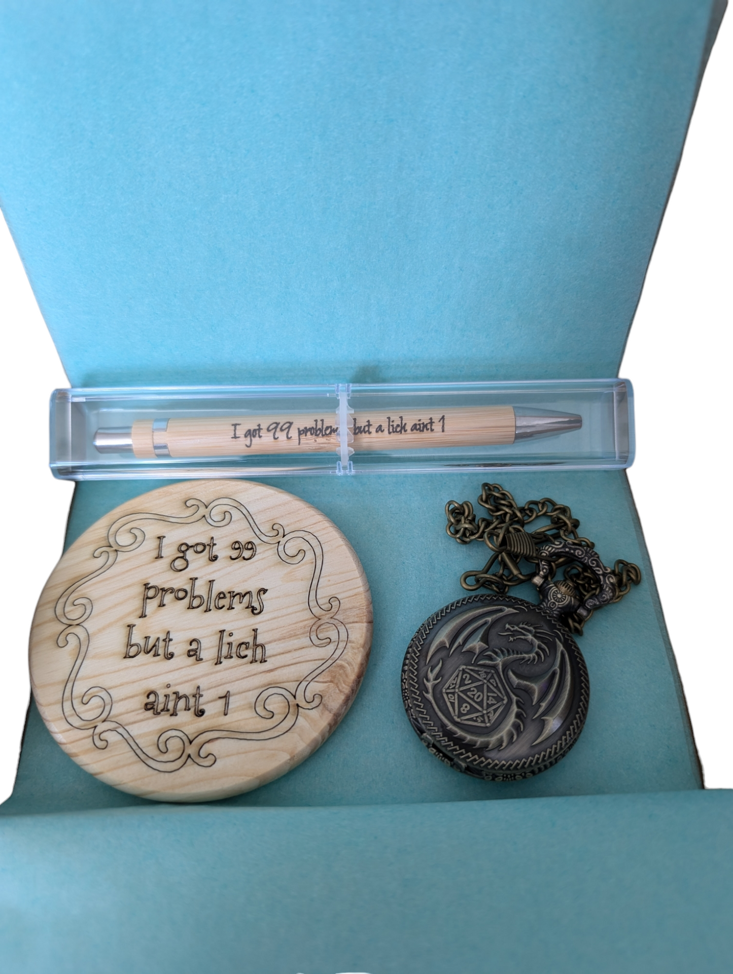 Ultimate DND Gift Set: Premium Pen, Enchanted Coaster & Dragon Pocket Watch Dice Set