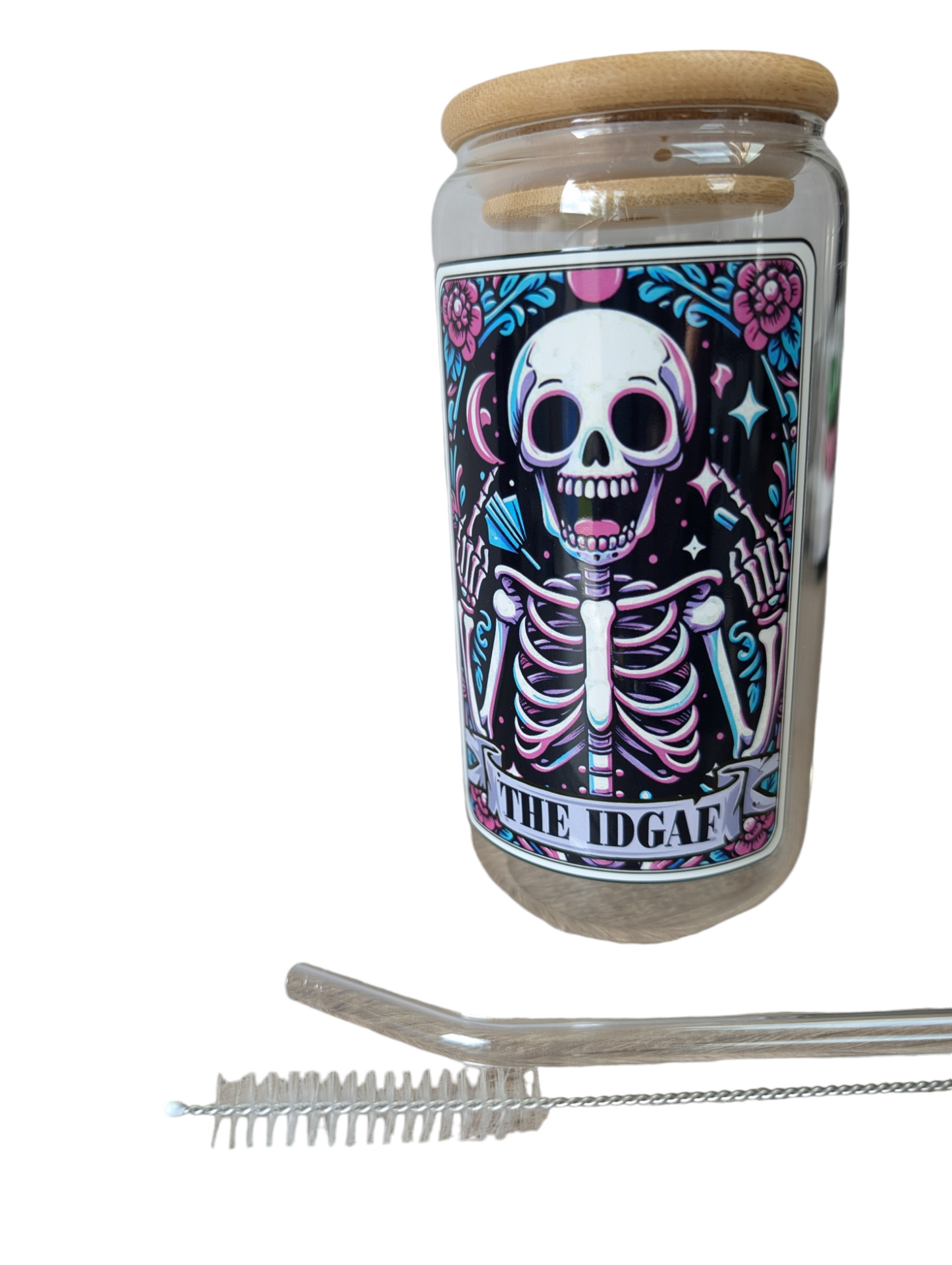 Glass Tumbler Gift Box - "The IDGAF" colourful, playful skull design 550ml borosilicate glass