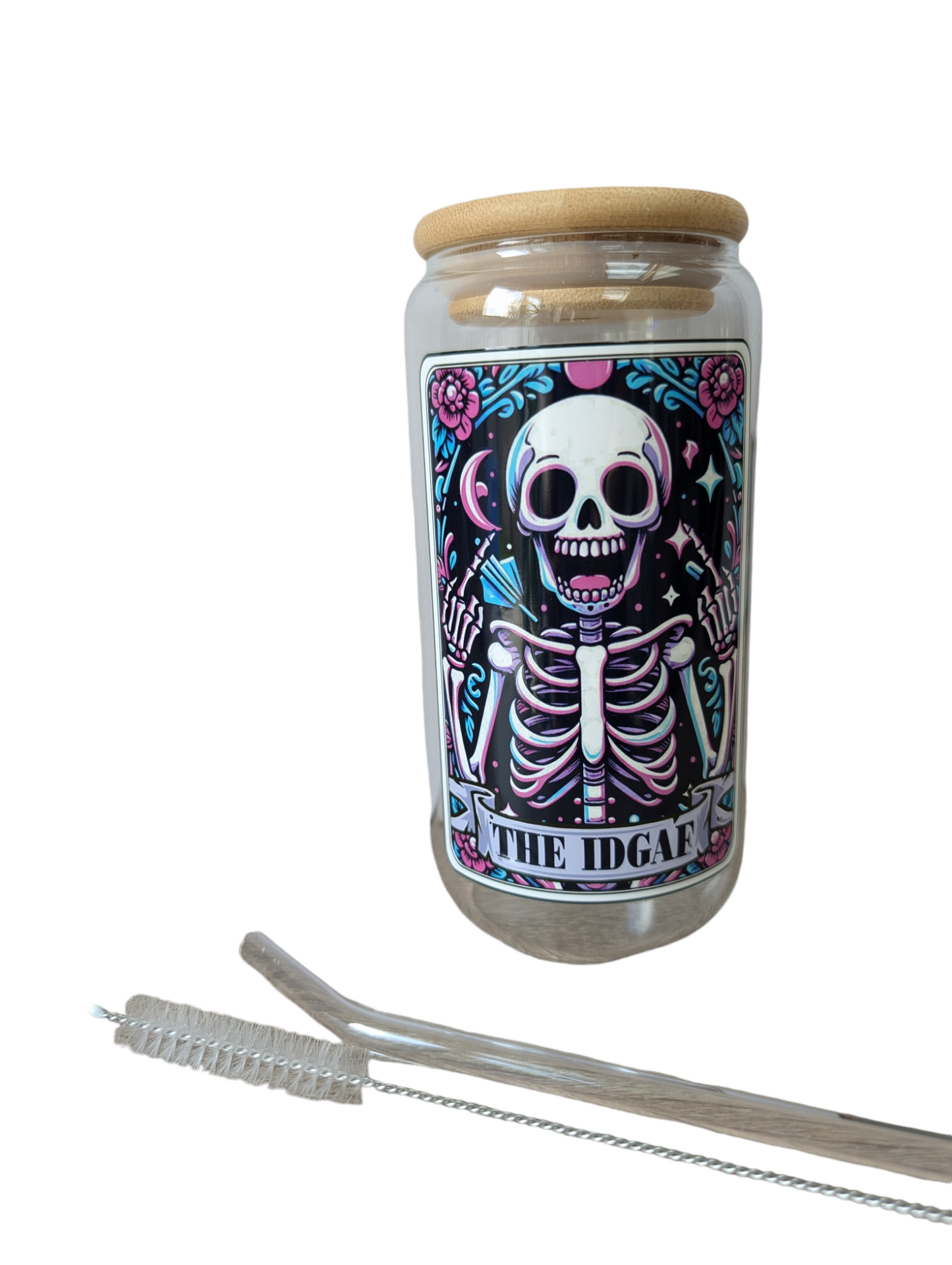 Glass Tumbler Gift Box - "The IDGAF" colourful, playful skull design 550ml borosilicate glass