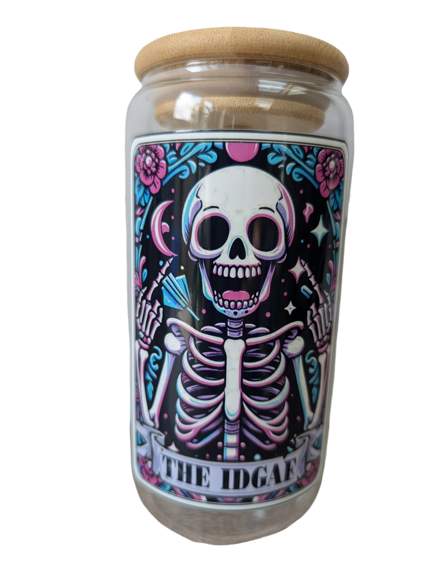 Glass Tumbler Gift Box - "The IDGAF" colourful, playful skull design 550ml borosilicate glass