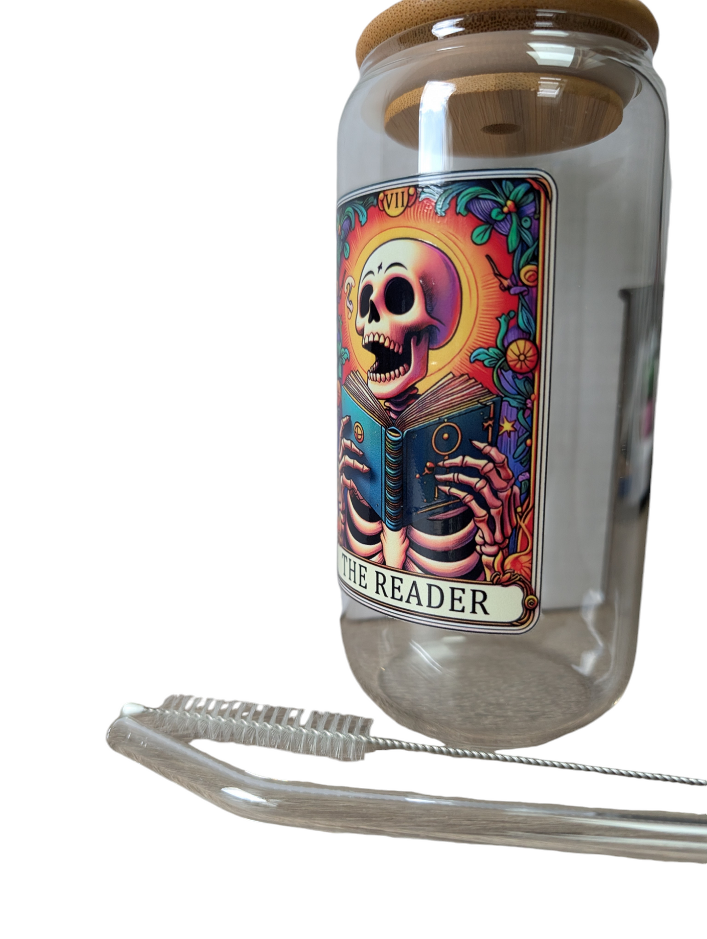 Glass Tumbler Gift Box - "The Reader, flaming skull" 550ml borosilicate glass