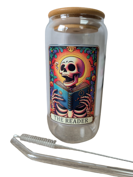 Glass Tumbler Gift Box - "The Reader, flaming skull" 550ml borosilicate glass