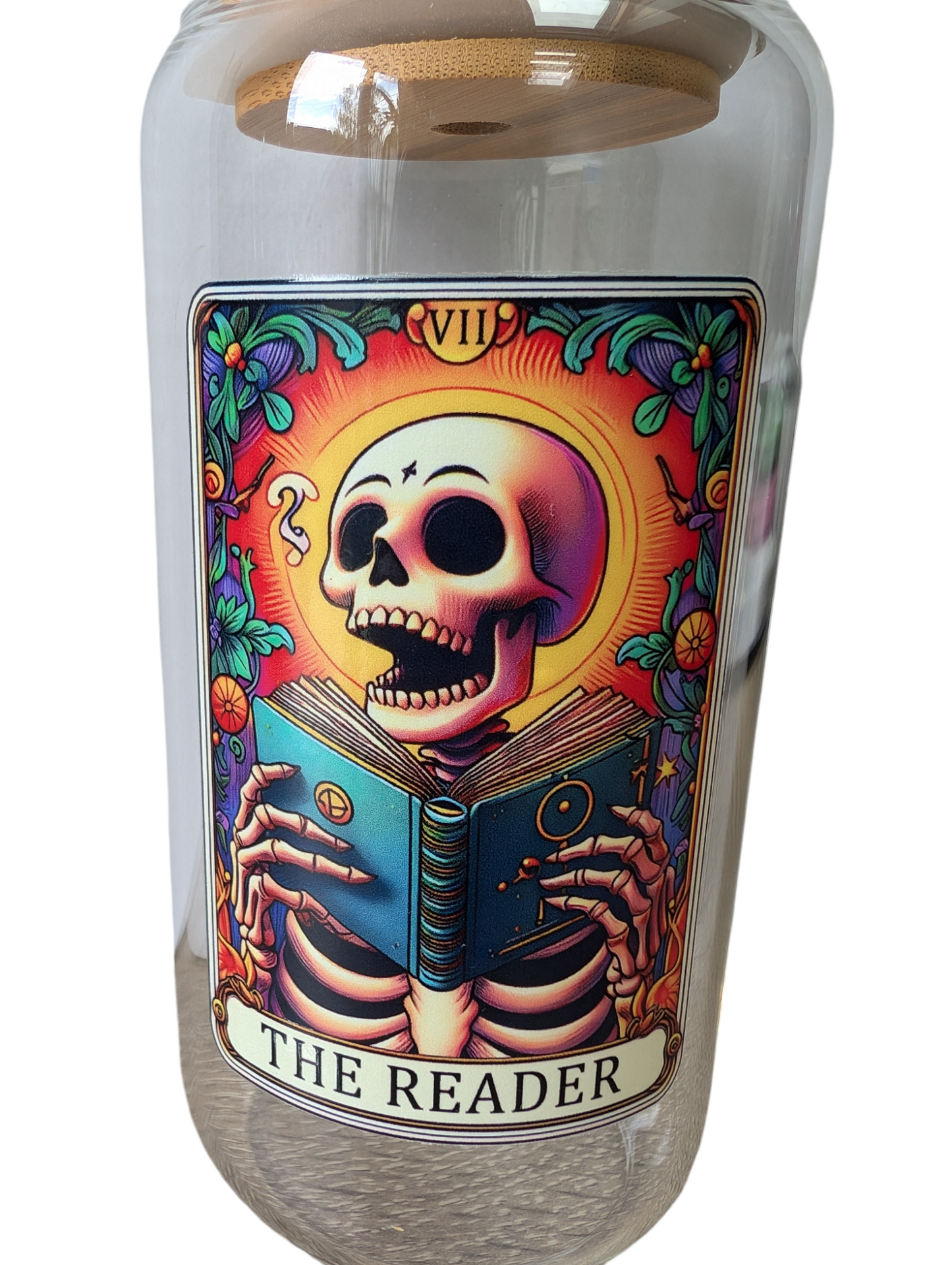 Glass Tumbler Gift Box - "The Reader, flaming skull" 550ml borosilicate glass