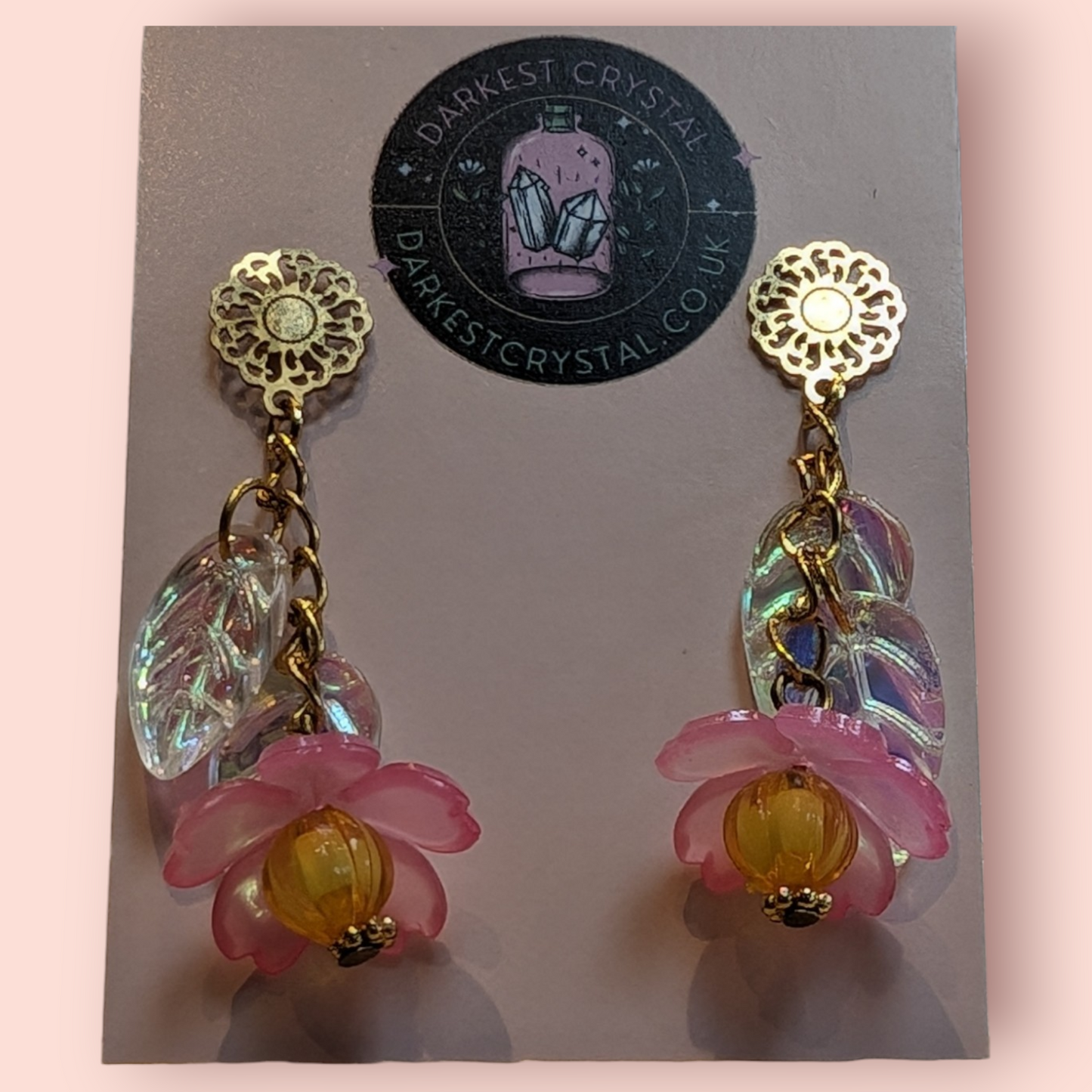 Blossom Drops: Handcrafted Acrylic and Glass Floral botanical Earrings, unique piece of art