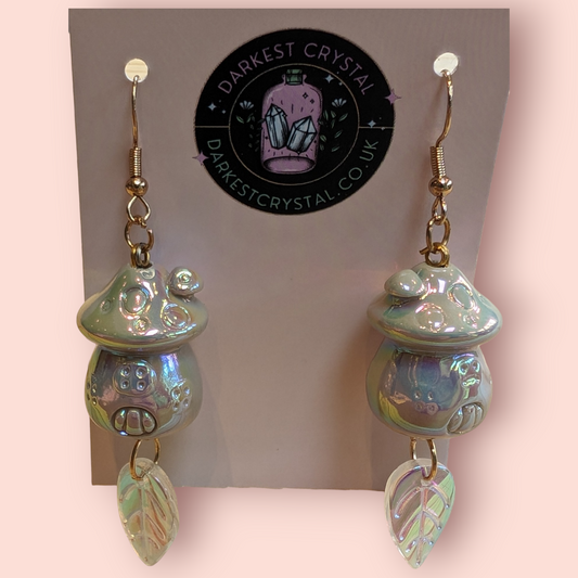 Whimsical Pearlescent Ceramic Mushroom Fairy House Dangle Earrings with Glass Bead Accents