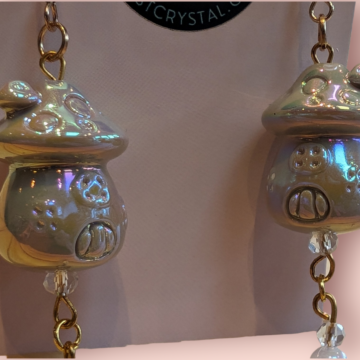 Whimsical Pearlescent Ceramic Mushroom Fairy House Dangle Earrings with Glass Bead Accents