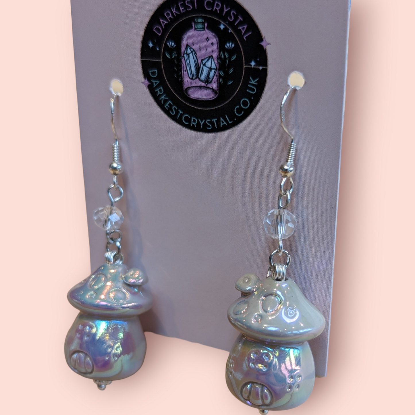 Whimsical Pearlescent Ceramic Mushroom Fairy House Dangle Earrings with Glass Bead Accents