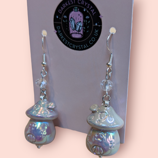 Whimsical Pearlescent Ceramic Mushroom Fairy House Dangle Earrings with Glass Bead Accents