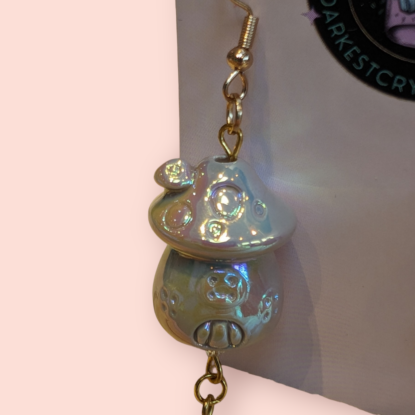 Whimsical Pearlescent Ceramic Mushroom Fairy House Dangle Earrings with Glass Bead Accents