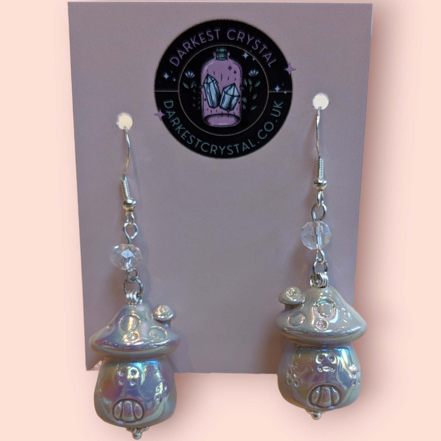 Whimsical Pearlescent Ceramic Mushroom Fairy House Dangle Earrings with Glass Bead Accents