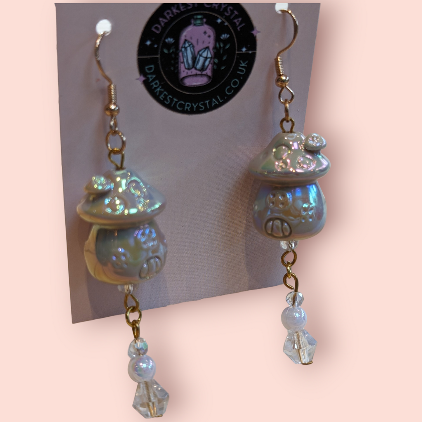 Whimsical Pearlescent Ceramic Mushroom Fairy House Dangle Earrings with Glass Bead Accents