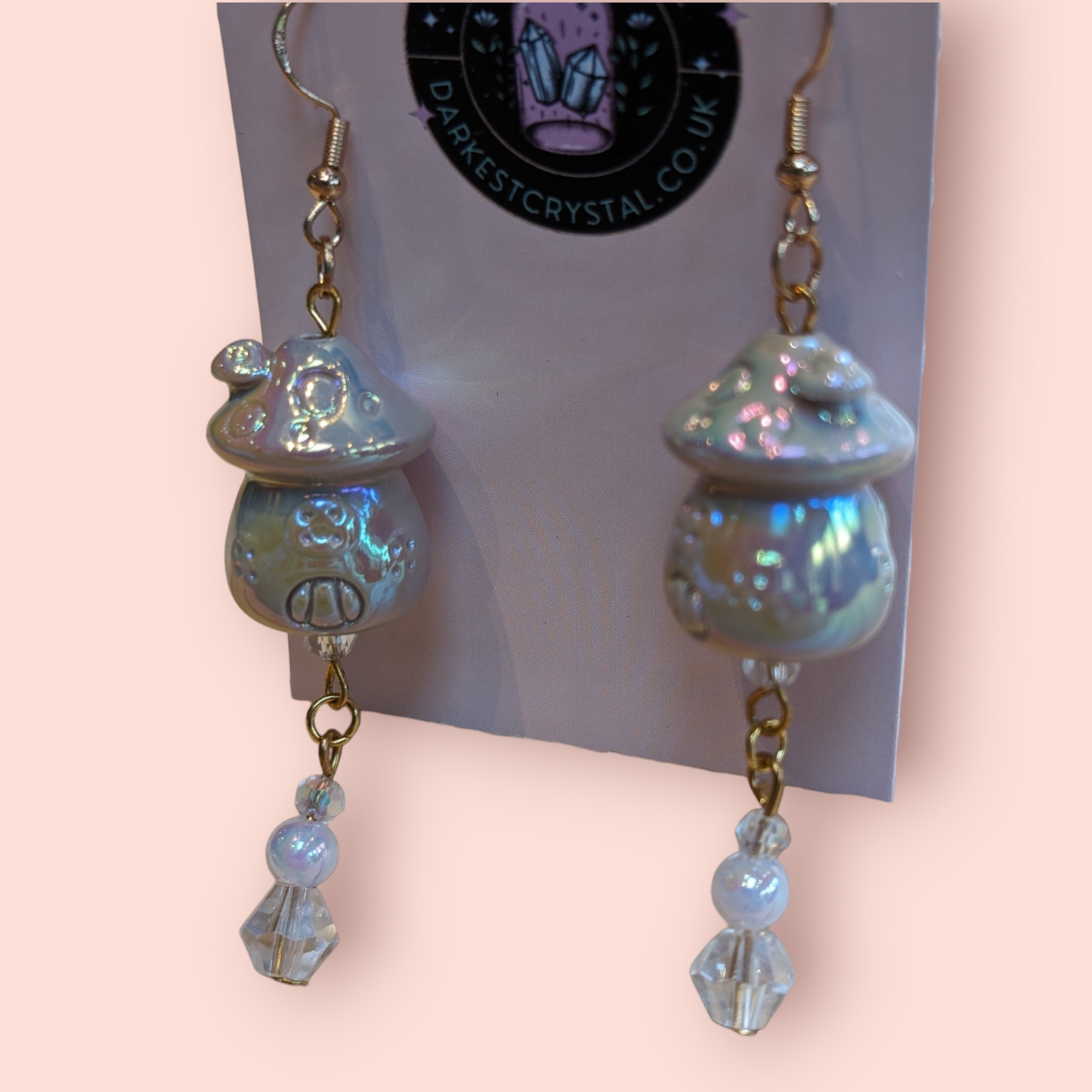 Whimsical Pearlescent Ceramic Mushroom Fairy House Dangle Earrings with Glass Bead Accents