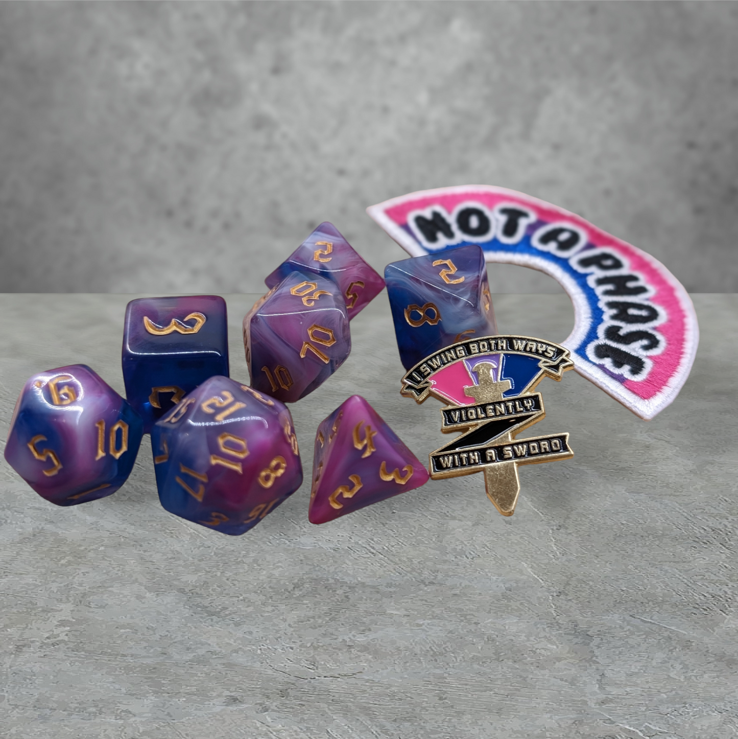 "I swing both ways" themed tabletop roleplay gaming dice gift set