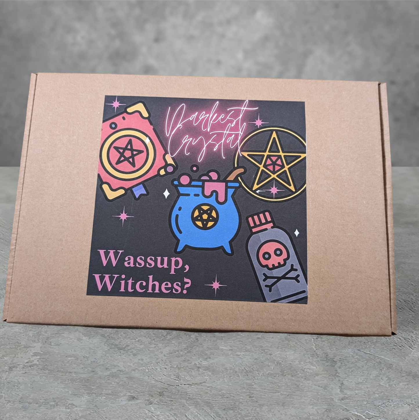 "wassup witches" themed tabletop roleplay gaming dice gift set