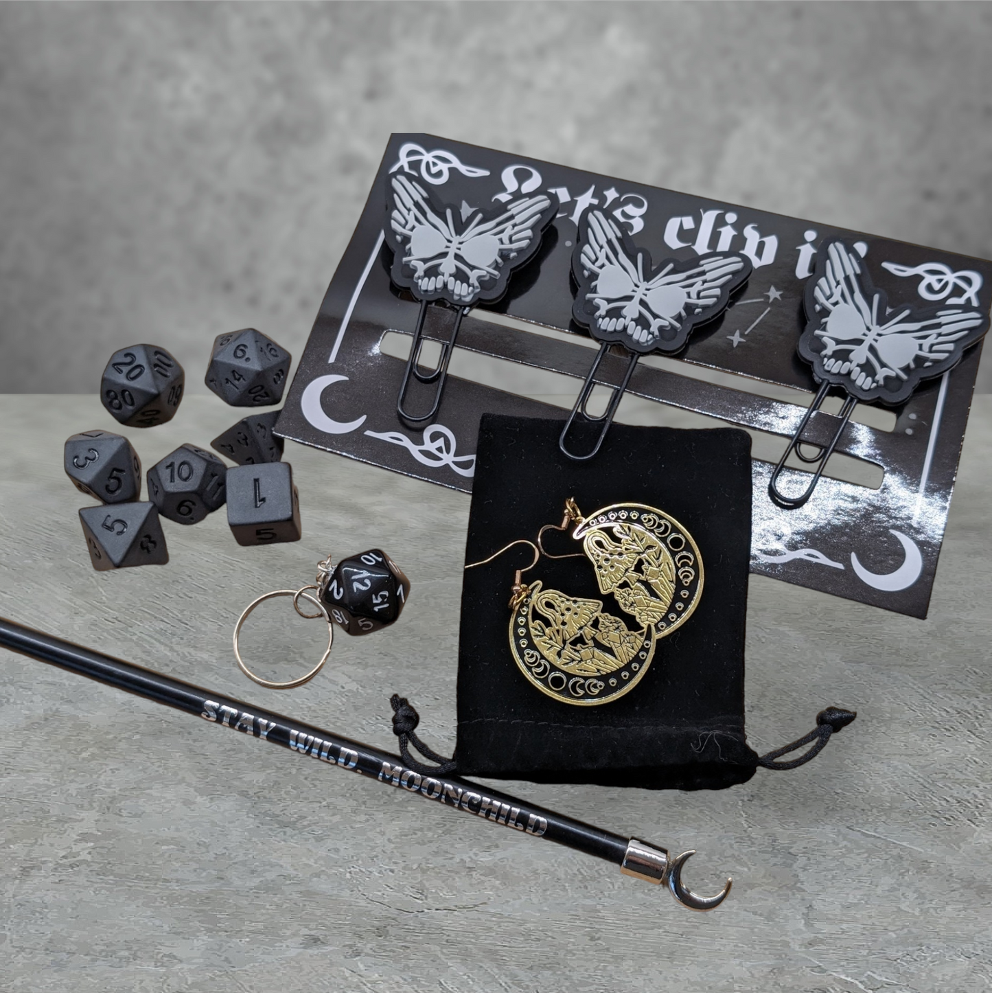 "wassup witches" themed tabletop roleplay gaming dice gift set