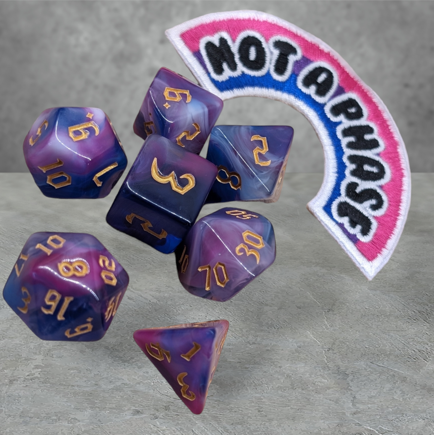 "I swing both ways" themed tabletop roleplay gaming dice gift set